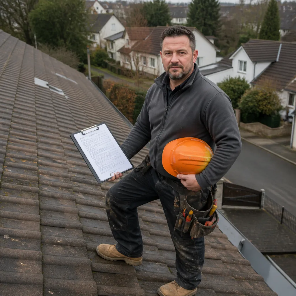 Roofer reviewing state building code paperwork on a residential roof