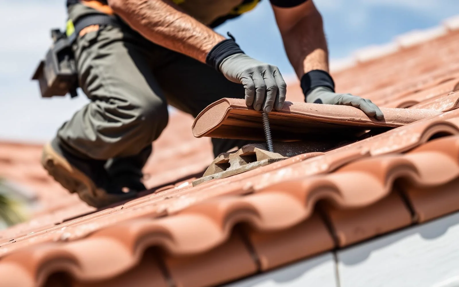 Roofing crew inspecting a tile roof in Anaheim, California