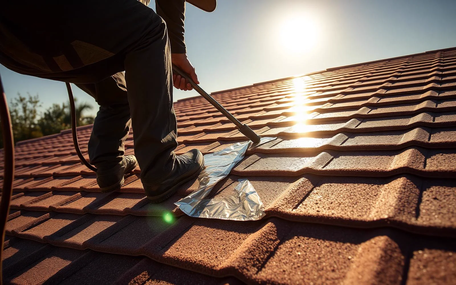 Roofing crew inspecting a heat-damaged roof in Bakersfield under bright sun