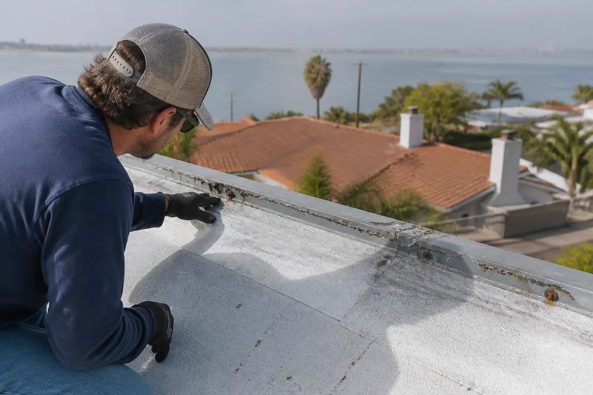Roofing professional inspecting a roof in Chula Vista, California