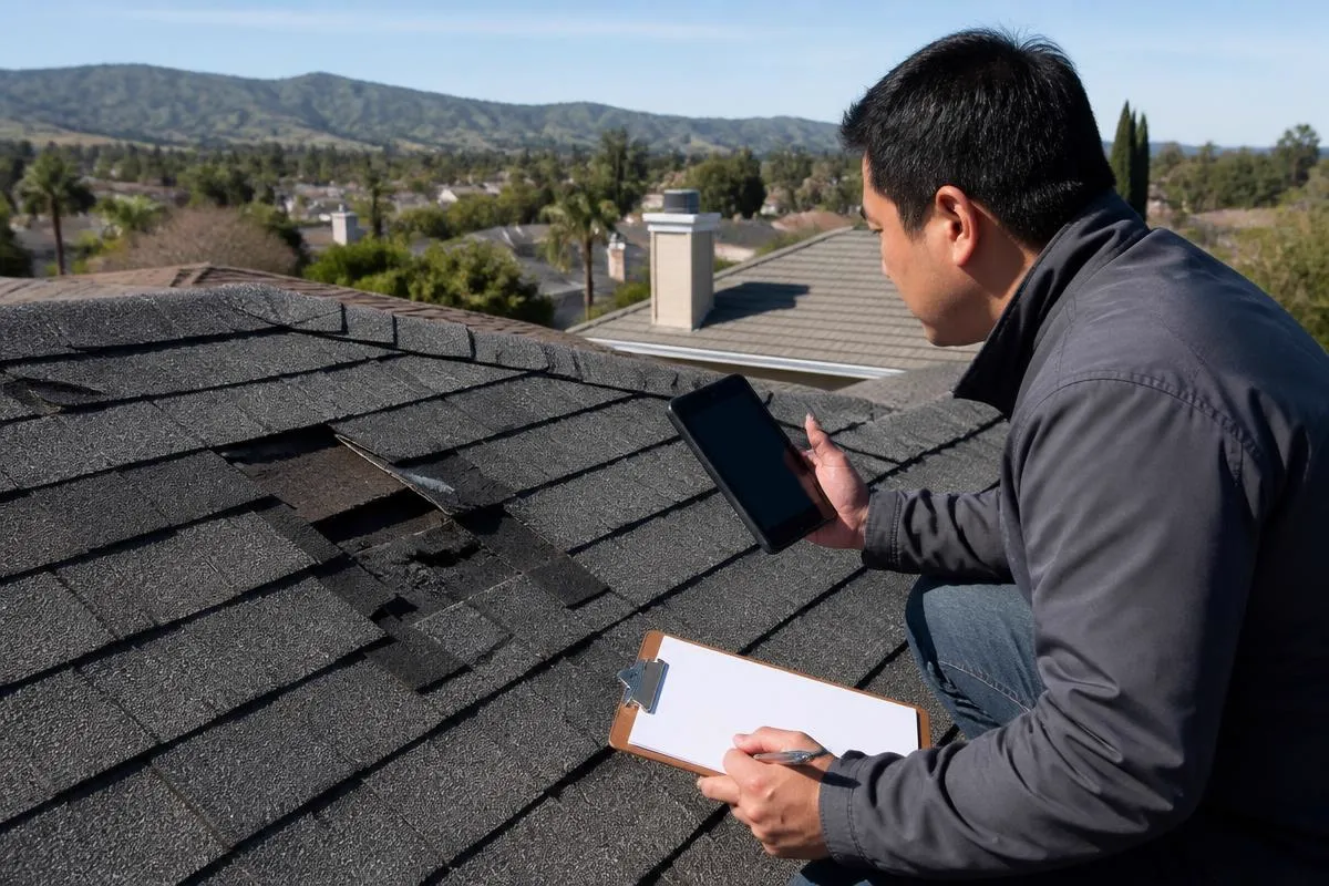 Roofing professional inspecting a roof in Fremont, California