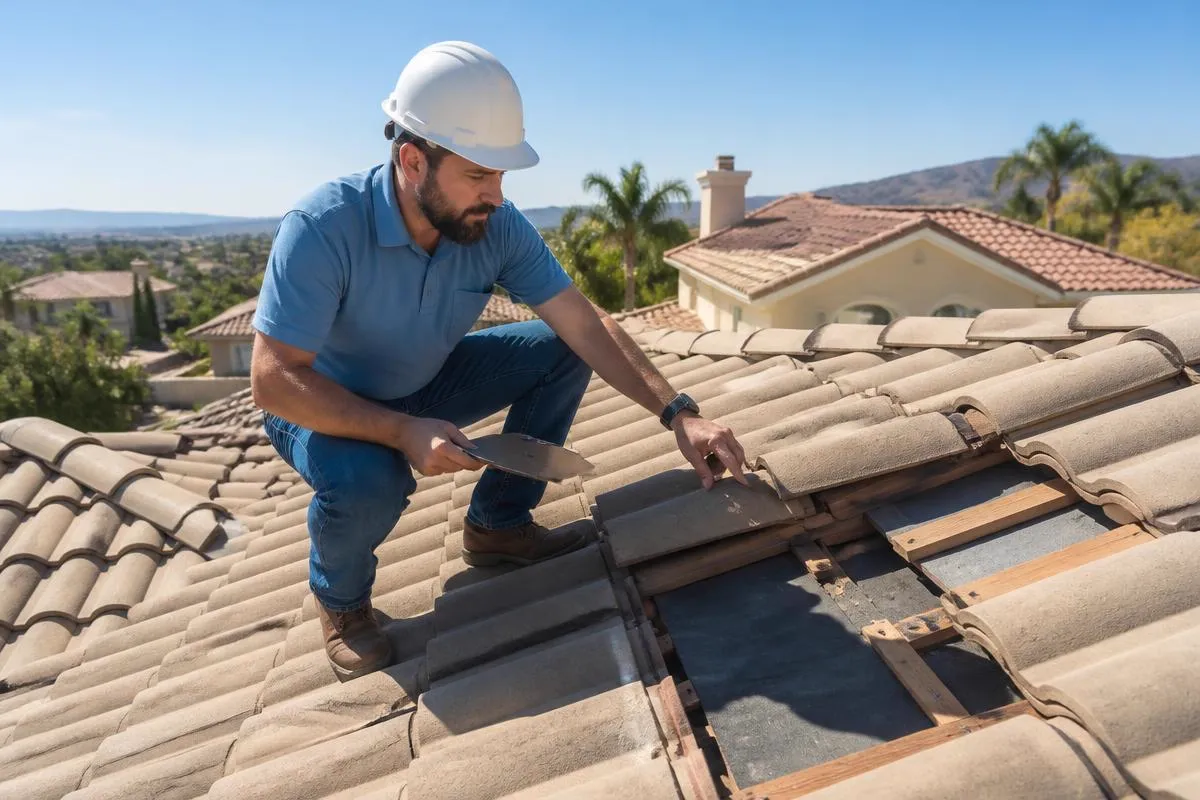 Roofing professional inspecting a tile roof in Irvine, California