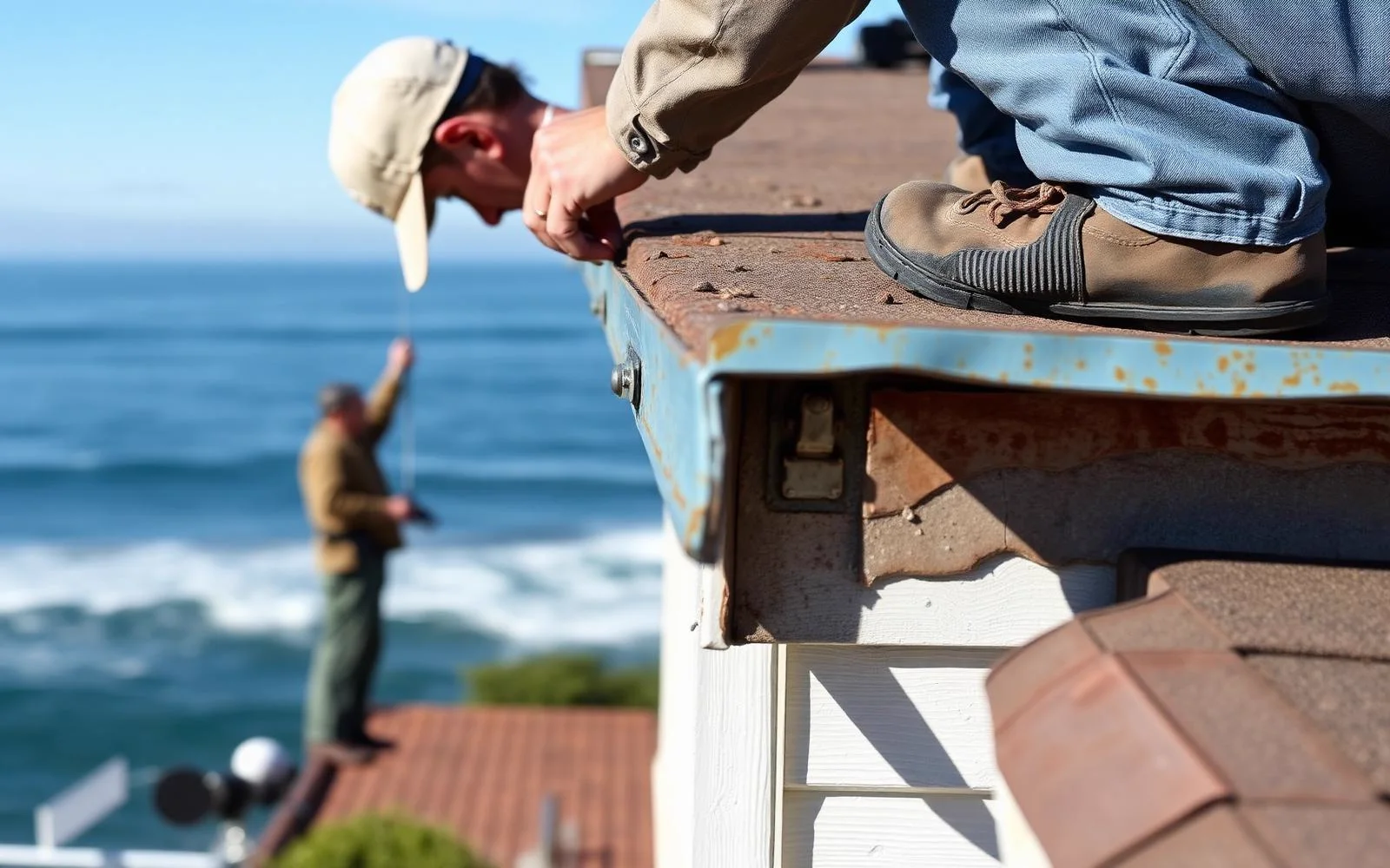 Roofing crew repairing a flat roof on a Long Beach home near the coast