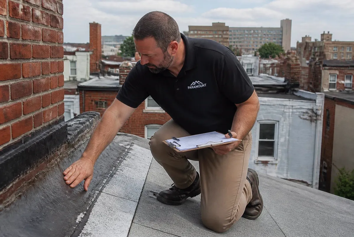 Roofing professional inspecting a roof in Newark, New Jersey