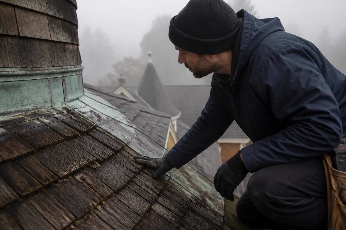 Roofing professional inspecting a roof in Oakland, California