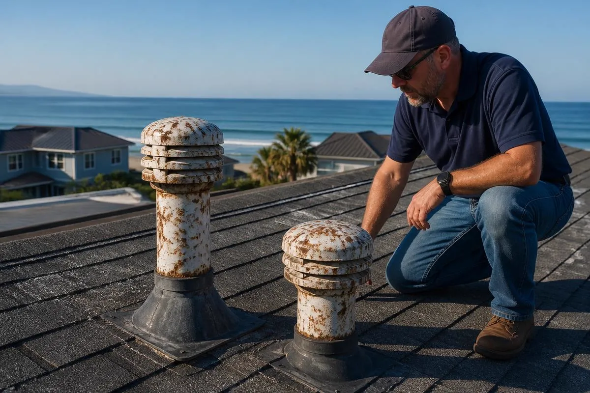 Roofing professional inspecting a roof in Oxnard, California