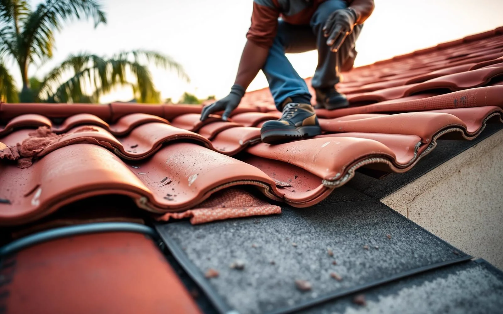 Roofing crew repairing a tile roof in Riverside, California