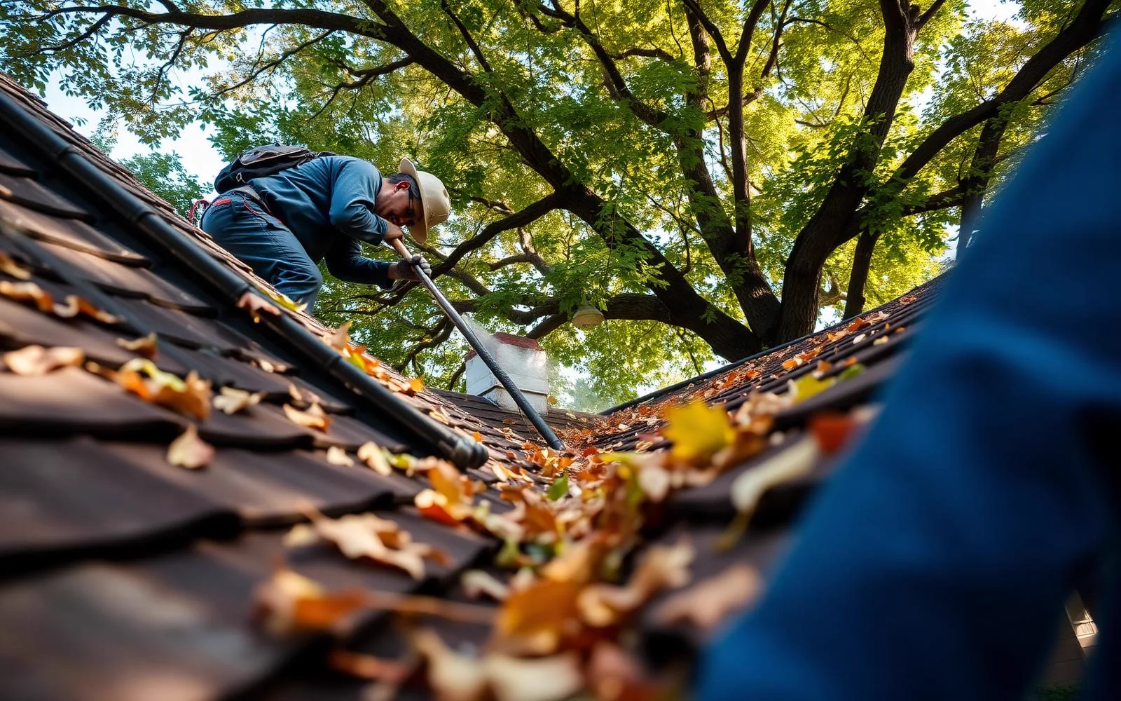 Roofing crew inspecting a Midtown Sacramento home under heavy tree canopy