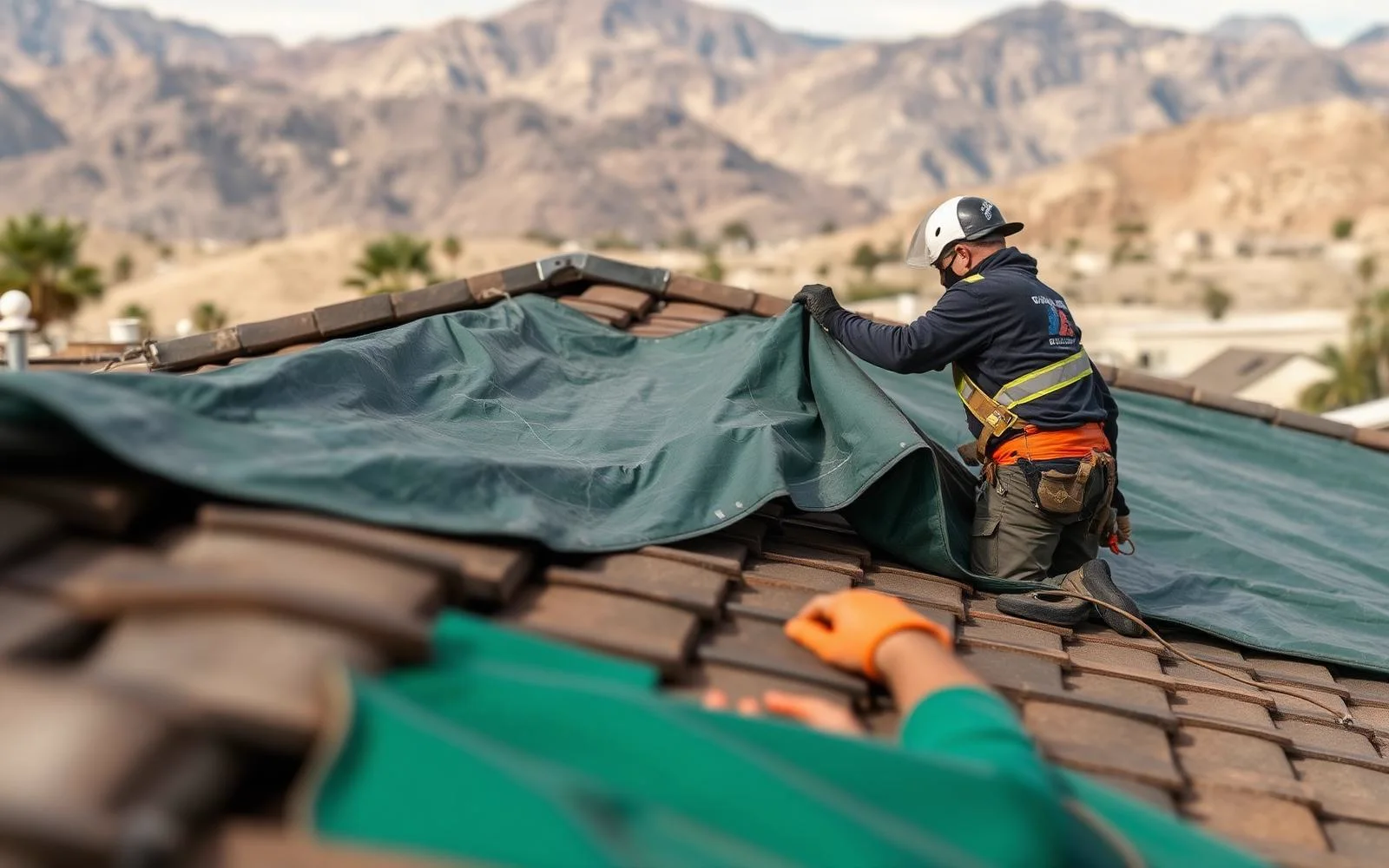 Roofing crew repairing wind damage on a roof in San Bernardino, California