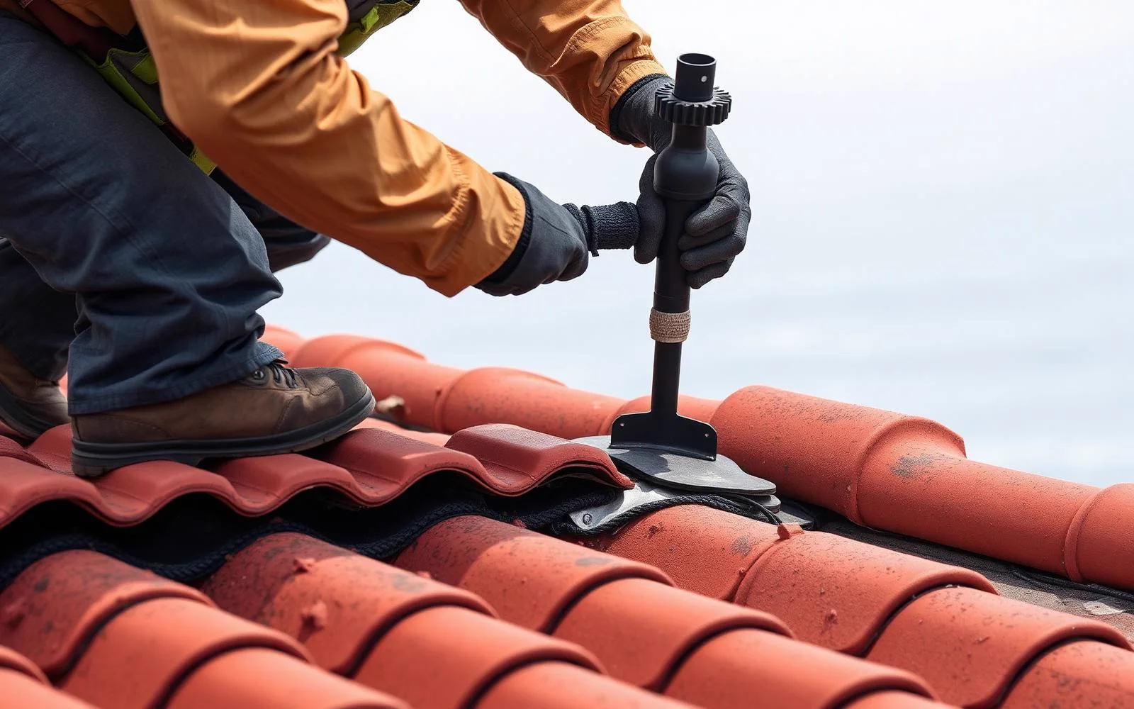 Roofing crew repairing a tile roof on a San Diego home near the coast