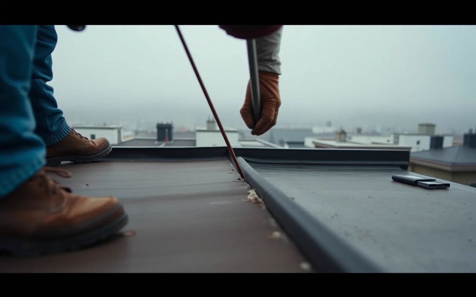 Roofing crew repairing a flat membrane roof on a San Francisco row house