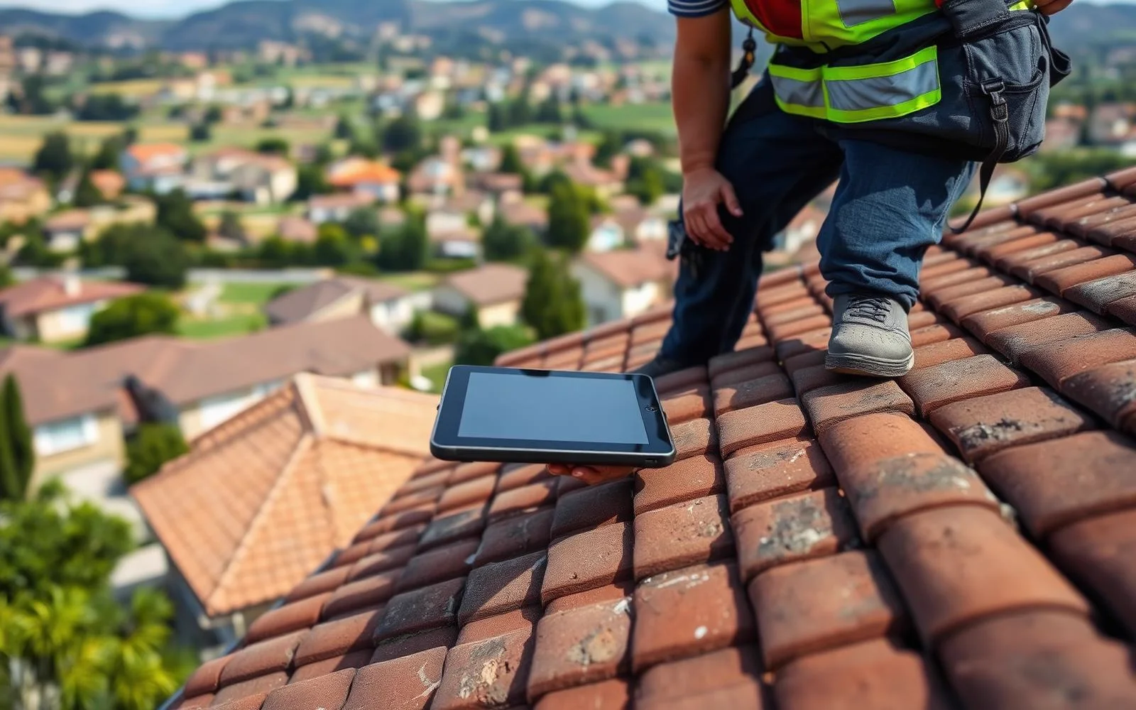 Roofing crew repairing a tile roof on a San Jose home in Santa Clara Valley