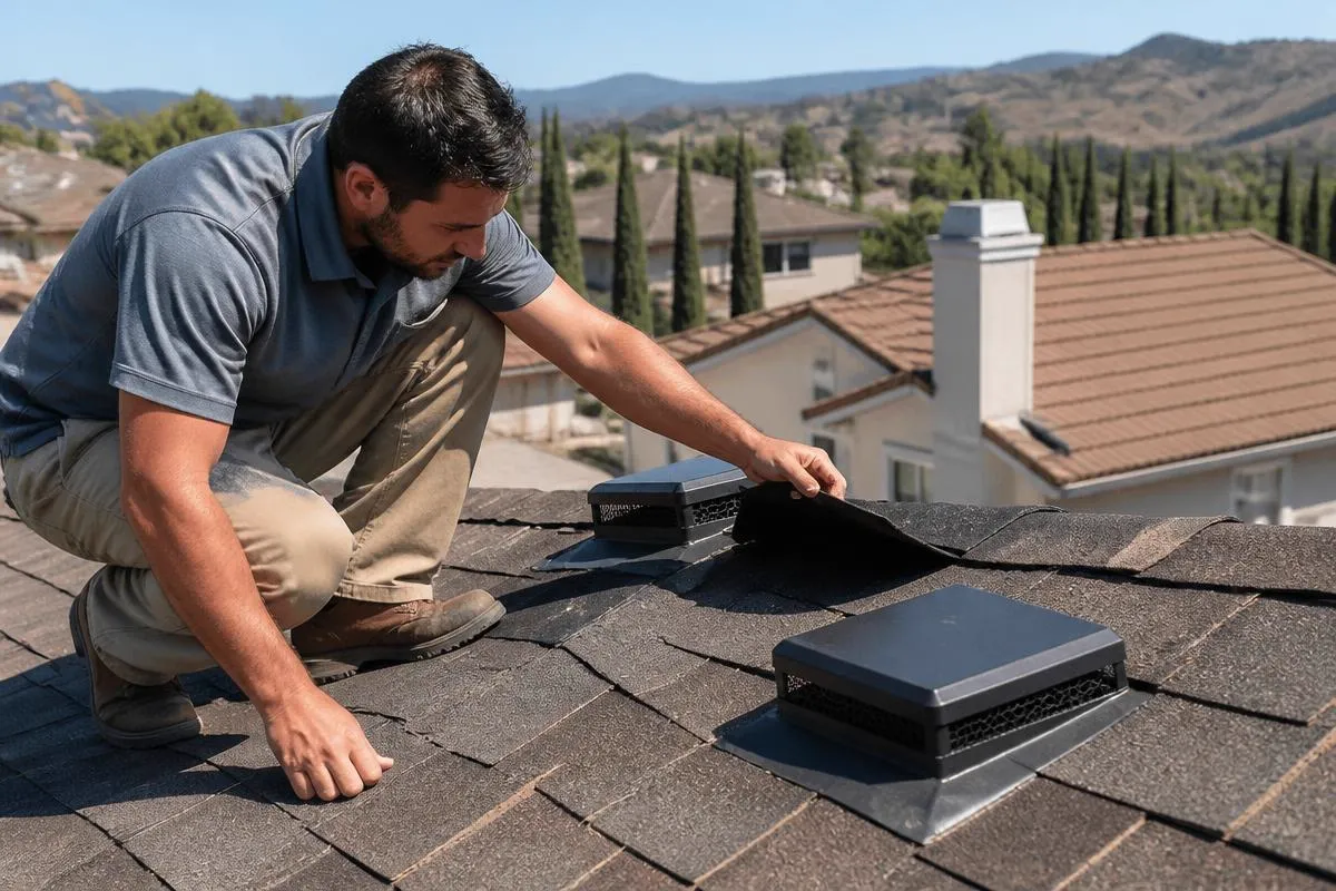 Roofing professional inspecting a roof in Santa Clarita, California