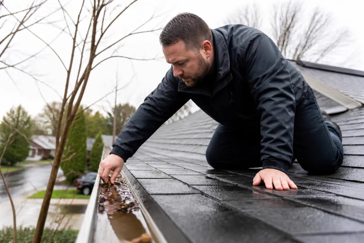 Roofing professional inspecting an aging roof in Stockton, California