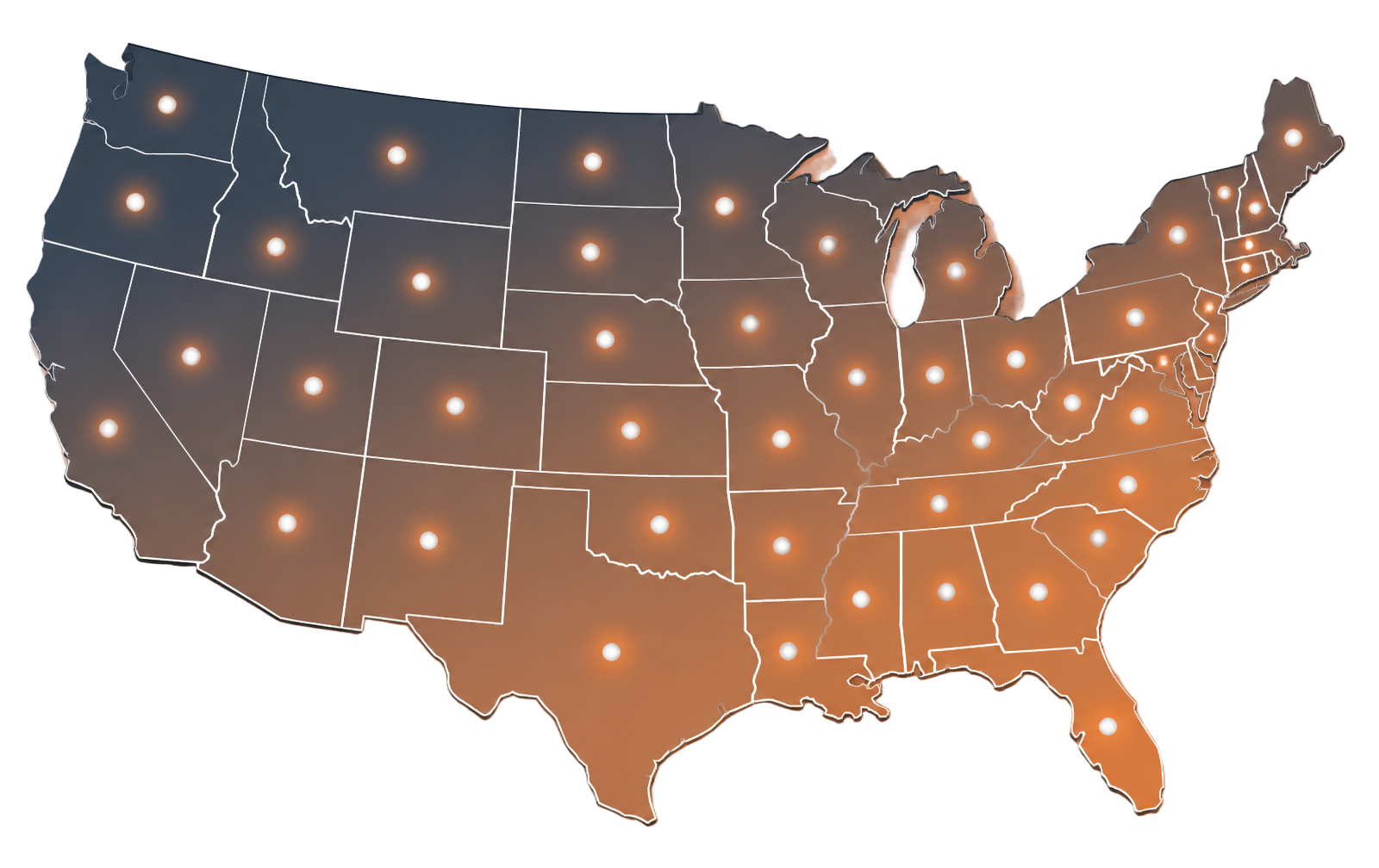 Map of the United States showing Trueshelter service coverage